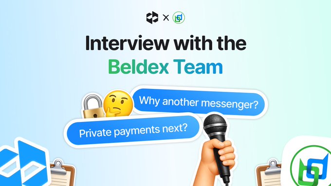 A promotional graphic featuring the Beldex and BChat logos, titled "Interview with the Beldex Team," displays chat bubbles asking "Why another messenger?" and "Private payments next?" alongside a microphone, padlock, and thinking emoji—visually introducing the interview about Beldex's privacy-focused ecosystem that addresses the gap between financial privacy and exposed digital activity mentioned in the post.