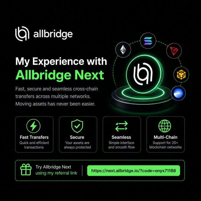 A promotional graphic for 'Allbridge Next' titled 'My Experience with Allbridge Next', highlighting features like Fast Transfers, Secure, Seamless, and Multi-Chain, with a referral link https://next.allbridge.io/?code=onyx71188.