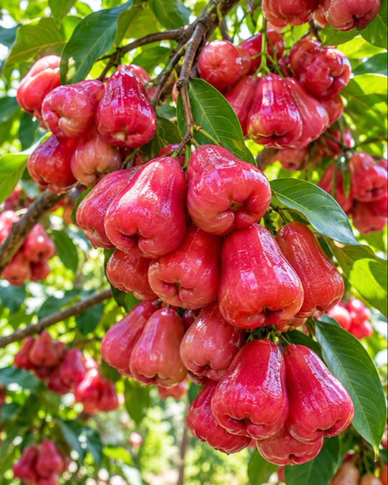 A close-up view of clusters of ripe, bell-shaped pink wax apples (also known as rose apples or jambu) hanging from a tree branch surrounded by green leaves.