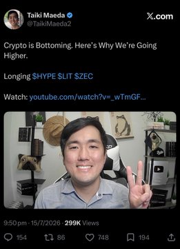 A Twitter/X post from Taiki Maeda (@TaikiMaeda2) features a bullish crypto outlook with the caption "Crypto is Bottoming, Here's Why We're Going Higher," highlighting long positions on $HYPE, $LIT, and $ZEC. The comment "Taiki curse strikes again" humorously suggests his bullish calls backfired, particularly noting $HYPE's decline.