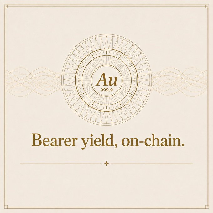 A gold-colored design featuring a circular emblem with "Au 999.9" (gold symbol) and the text "Bearer yield, on-chain."
