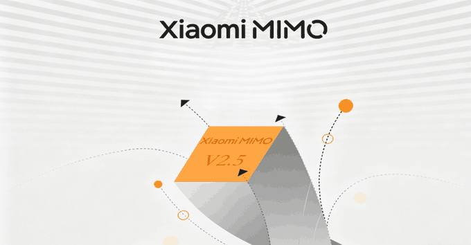 A promotional graphic for 'Xiaomi MIMO V2.5' featuring an orange and gray abstract 3D shape design.
