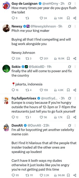 A screenshot of several Twitter/X posts, including one from Guy de Lusignan asking about flushing the toilet, Newsy Johnson pitching his services, Sokio waiting for the 'afd' to fix the country, and DonAlt commenting on celebrity boycotts and insider trading.
