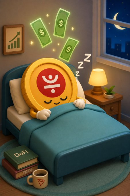 A cartoon TRON coin character sleeps peacefully in bed while dreaming of dollar bills, with books labeled "DeFi" and "TRON" stacked nearby and a small energy drink mug on the floor. The dream of effortless income visually represents the post's message about JustLend Energy Rental letting TRX holders passively earn from idle resources.