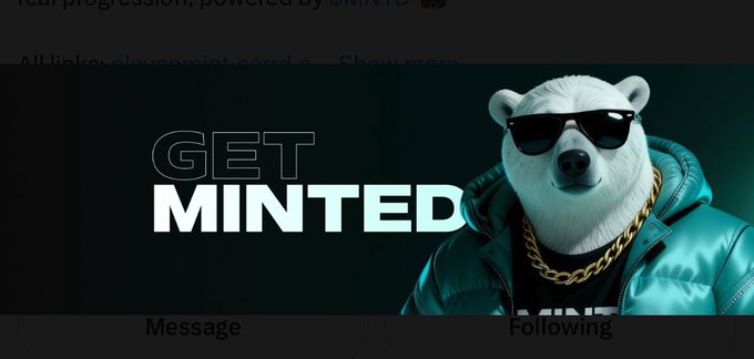 An advertisement graphic features a polar bear wearing sunglasses and a gold chain against a dark background, with bold text reading 'GET MINTED' and partial text mentioning 'AI music discovery'.