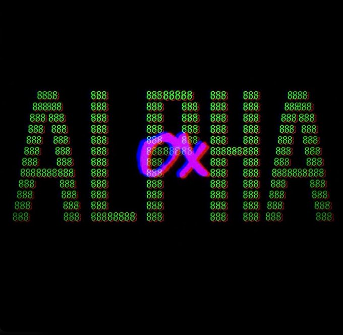 The image displays text "8888" and "888" repeated throughout in a pixelated green font, alongside a purple "CX" logo. This appears to be promotional material for CX, a ticker referenced alongside @trix_mrkt in the post discussing an "alpha" (potential investment opportunity or insider information).
