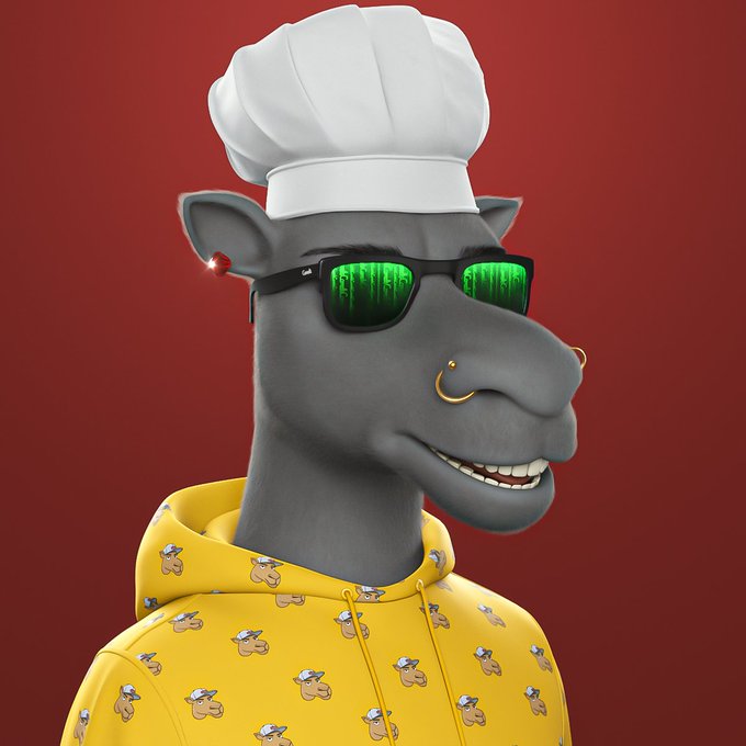 A 3D rendered cartoon horse character wearing a white chef's hat, green matrix-style sunglasses, and a yellow hoodie patterned with horse icons, set against a red background.