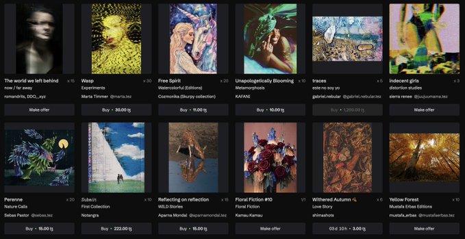 A screenshot of what appears to be a digital art or NFT marketplace gallery, displaying various artworks with prices listed in what looks like Telos (TLOS) cryptocurrency, including pieces like "The world we left behind," "Wasp," and "Free Spirit."