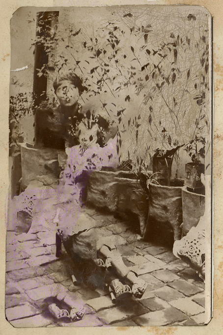 A sepia-toned vintage photograph of a child in a garden, digitally altered with a purple-tinted ghostly overlay showing a smaller, distorted figure and scattered shoes on a brick path.