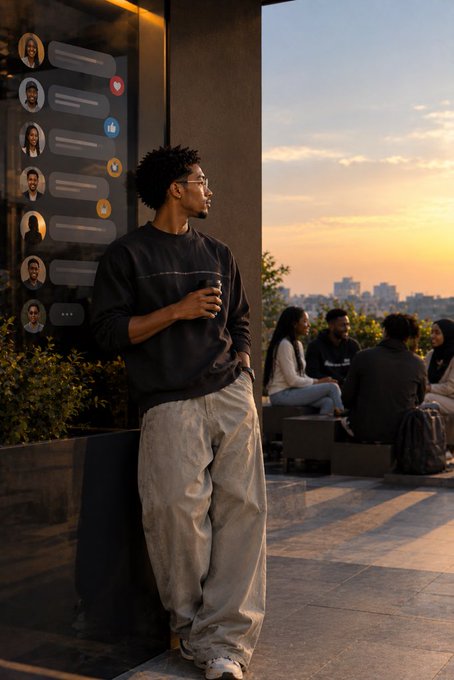 A young man in a black sweatshirt and gray pants leans against a wall holding a coffee cup, with a translucent overlay of social media profile comments visible to his left and friends sitting on a rooftop at golden hour behind him.