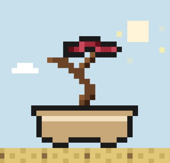 A pixel-art style image showing a potted plant with a red flower sitting in a brown planter, set against a blue sky with a sun and clouds.