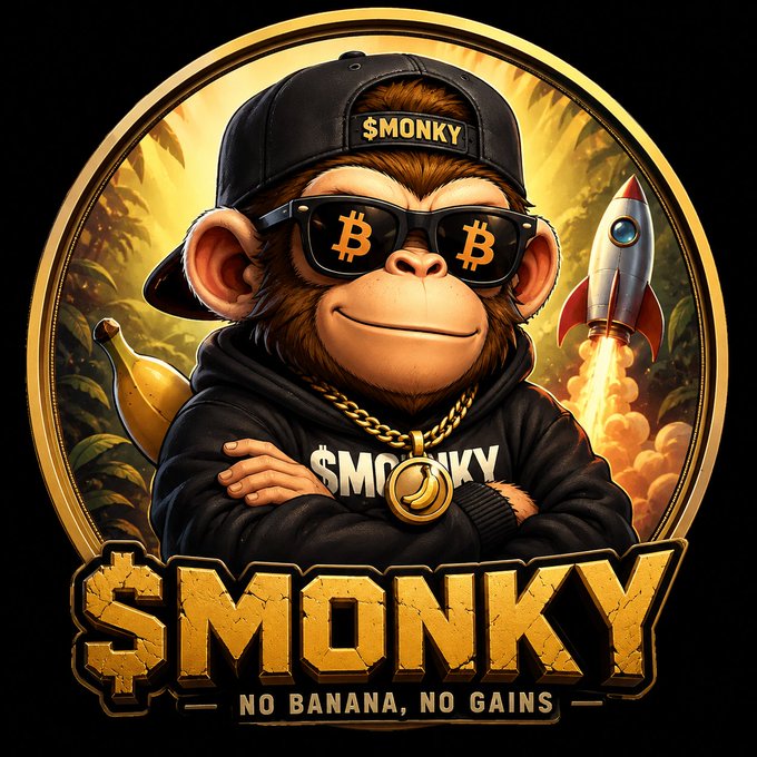 A '$MONKY' cryptocurrency logo featuring a cool monkey wearing Bitcoin sunglasses and a '$MONKY' cap, with the tagline 'NO BANANA, NO GAINS' and a rocket ship in the background.