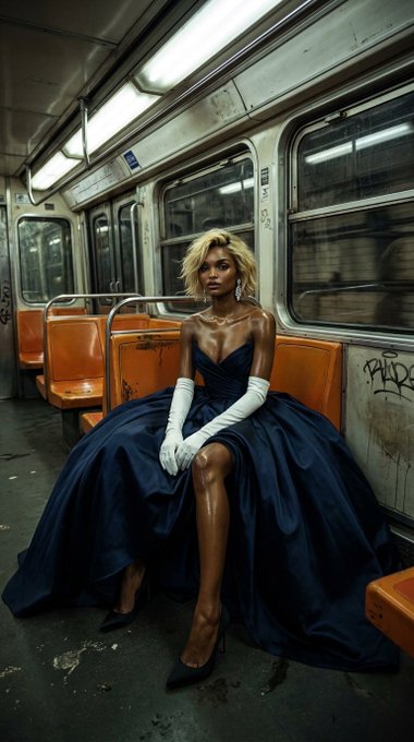 A striking portrait of a woman wearing an elegant navy blue ballgown with white opera gloves, seated on an orange bench inside a graffiti-covered subway car.