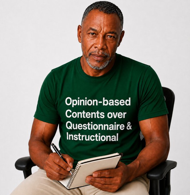 An older man sits in a chair holding a notebook and pen, wearing a dark green t-shirt with white text that reads 'Opinion-based Contents over Questionnaire & Instructional'.