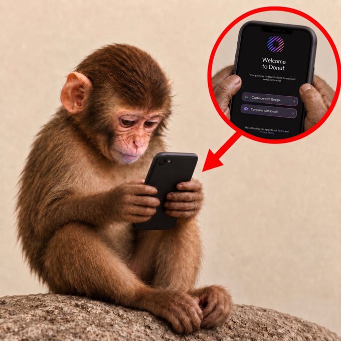 A monkey sits on a rock intently using a smartphone, with an inset red circle highlighting the 'Welcome to Donut' app login screen shown on the device.