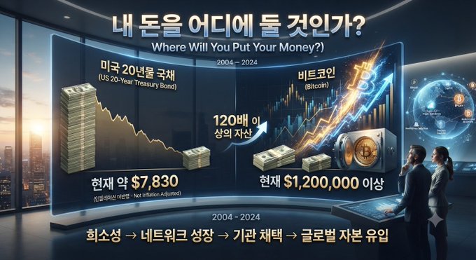 A Korean infographic titled '내 돈을 어디에 둘 것인가? (Where Will You Put Your Money?)' comparing US 20-Year Treasury Bonds versus Bitcoin performance from 2004-2024.