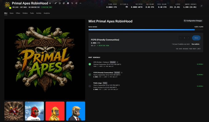 Website screenshot for 'Primal Apes RobinHood' NFT mint page showing a logo with bones and leaves, a mint schedule, and prices listed in ETH.