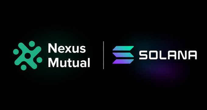 The image displays the logos of Nexus Mutual and Solana side-by-side on a black background, representing their partnership. This visual aligns with the announcement that Nexus Mutual is expanding its protocol cover onto Solana, providing coverage for major DeFi platforms like Kamino, Jupiter, Raydium, and Orca.