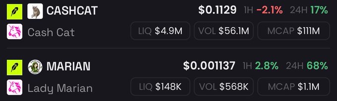 A cryptocurrency price ticker displaying 'CASHCAT' at $0.1129 (-2.1%) and 'MARIAN' at $0.001137 (+2.8%), along with liquidity, volume, and market cap metrics.