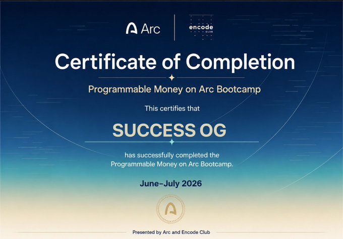 A Certificate of Completion from Arc × Encode Club awarded to "SUCCESS OG" for successfully completing the Programmable Money on Arc Bootcamp during June–July 2026, which the post celebrates as making the user an official Arc Graduate from a program with over 1,500 participants.