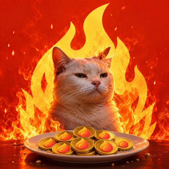 An orange cat with a serious expression sitting behind a plate of gold coins with flame logos, set against a fiery red background with a flame symbol.