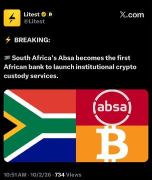 A breaking news post on X.com from @Littest announcing 'South Africa's Absa becomes the first African bank to launch institutional crypto custody services,' accompanied by a graphic featuring the South African flag, the Absa logo, and a Bitcoin symbol.