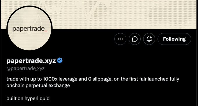 This image shows a Twitter/X profile page for **papertrade.xyz** (@papertrade_xyz), verified with a blue checkmark, advertising itself as the "first fair launched fully onchain perpetual exchange" built on Hyperliquid, offering up to 1000x leverage with 0 slippage—directly matching the post's announcement about trading BTC at 1000x leverage with 0 slippage on HyperEVM.