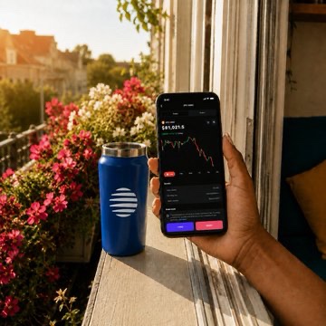 A hand holding a smartphone displaying a stock chart for Solana, positioned next to a blue Hydro Flask water bottle on a window sill with red flowers and a sunset view in the background.