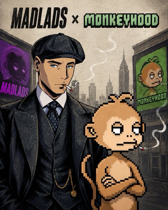 A promotional artwork for a "MADLADS × MONKEYHOOD" collaboration, depicting a man in a black suit and cap smoking a cigarette alongside a pixelated cartoon monkey also smoking, with their respective branded posters displayed in the background against a city skyline.
