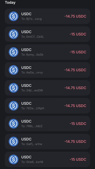 A mobile screenshot showing a transaction history of USDC transfers, with multiple entries of -14.75 USDC and -15 USDC being sent to various wallet addresses, totaling $135 in giveaways as mentioned in the post.