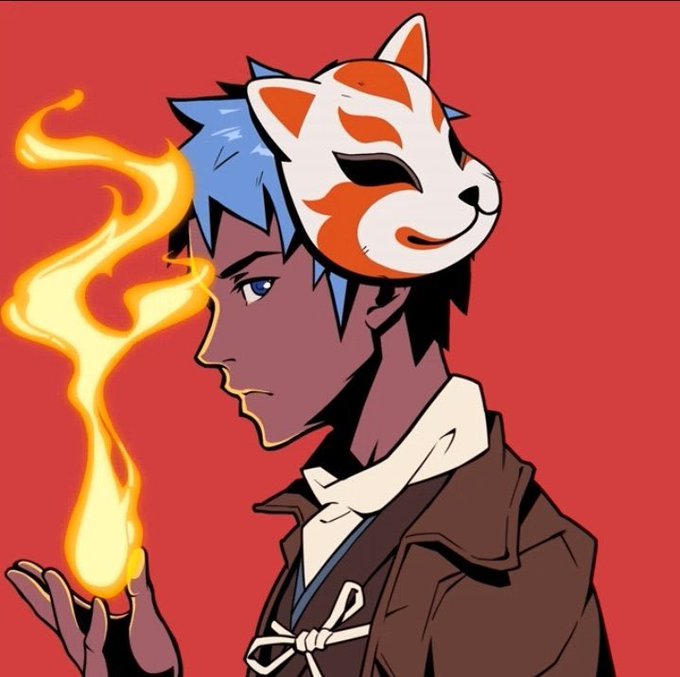 An anime-style illustration of a character in profile with blue hair and a kitsune (fox) mask, holding a flame in their hand against a red background.