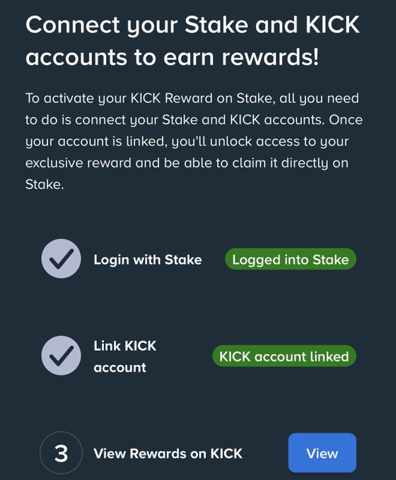 A Stake account connection page showing two completed steps—"Logged into Stake" and "KICK account linked"—with a final option to "View Rewards on KICK." The image illustrates the final step in linking accounts to participate in Stake's 9th Anniversary $1 million giveaway with Drake on Kick.