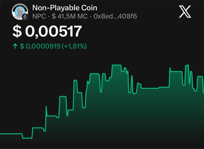 A cryptocurrency price chart for 'Non-Playable Coin' (NPC) showing a price of $0.00517 with a positive trend (+1.81%) and a green step-line graph.
