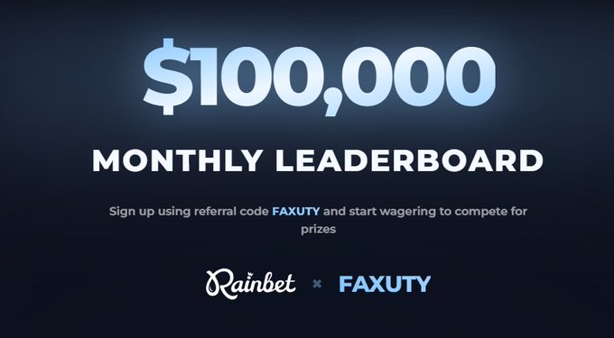 The image is a promotional graphic for Rainbet and Faxuty's "$100,000 Monthly Leaderboard" collaboration, featuring referral code "FAXUTY" for signing up and wagering to compete for prizes, supporting the post announcing the $100K prize pool giveaway.