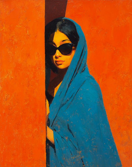 A woman wearing dark sunglasses and a vibrant blue shawl peeks out from between two bright orange walls, her cool-toned attire contrasting strikingly with the warm, fiery background that echoes the post's "Orange" theme. The interplay of the bold orange and blue colors visually embodies the post's reference to the "Orange 5" series.