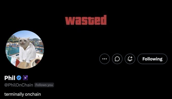 A Twitter profile for "Phil" (@PhilOnChain) featuring a cat in a white shirt on a boat as the avatar, with "wasted" displayed in red GTA-style text as the banner, alongside the bio "terminally onchain" and a blue checkmark verification badge.