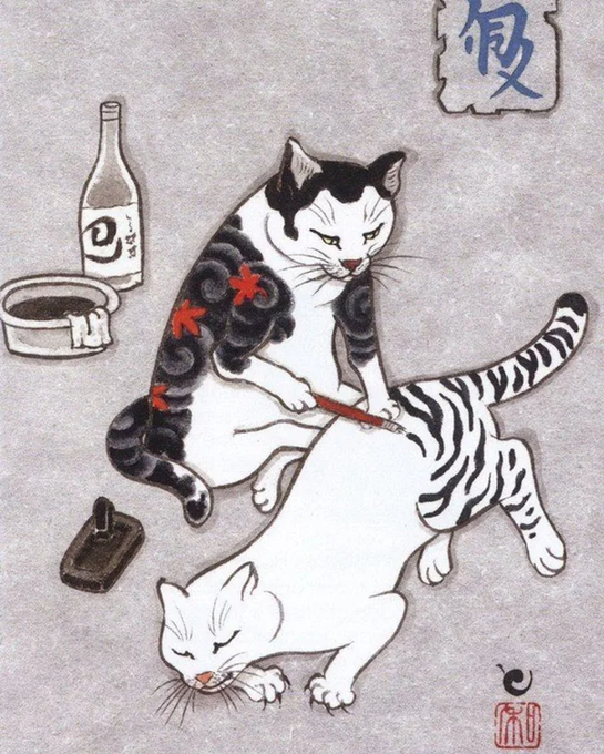 A traditional Japanese ink-style painting depicts a cat using a brush to paint stripes onto another cat, with a Japanese character '復' (fuku) in the top right corner.