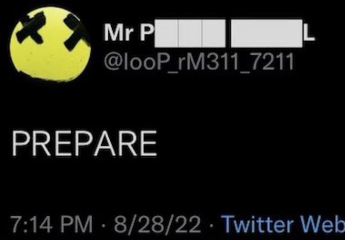 A tweet from "Mr P[redacted]L" (@looP_rM311_7211) posted on Twitter Web at 7:14 PM on 8/28/22 reads simply "PREPARE," with a dead-eyed emoji as the profile picture. The single-word warning aligns with the accompanying post about XRP ("Mr Pool"), suggesting the user was signaling an upcoming price movement or event for the cryptocurrency on that date.