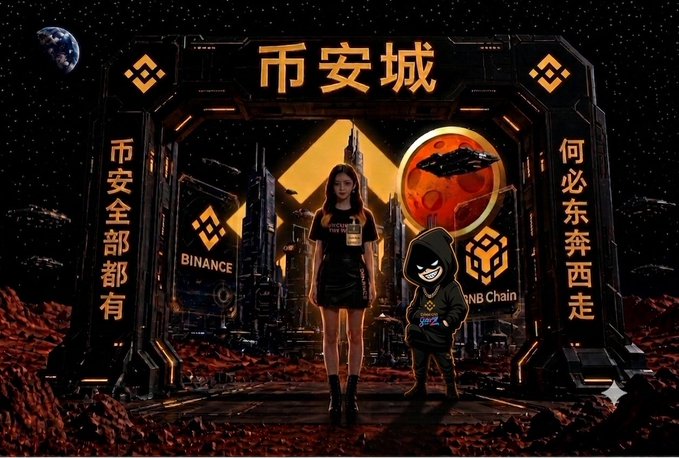 A digital artwork featuring Binance and BNB Chain branding alongside Chinese text '币安城' (Binance City), depicting a young woman and an anime-style character standing before a futuristic city portal on a red, Mars-like terrain.