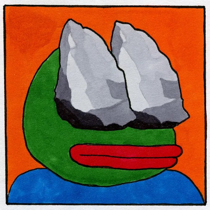 A whimsical painting on an orange background depicting a round green face with a red mouth, topped with two gray rock-like shapes, sitting above a blue base.