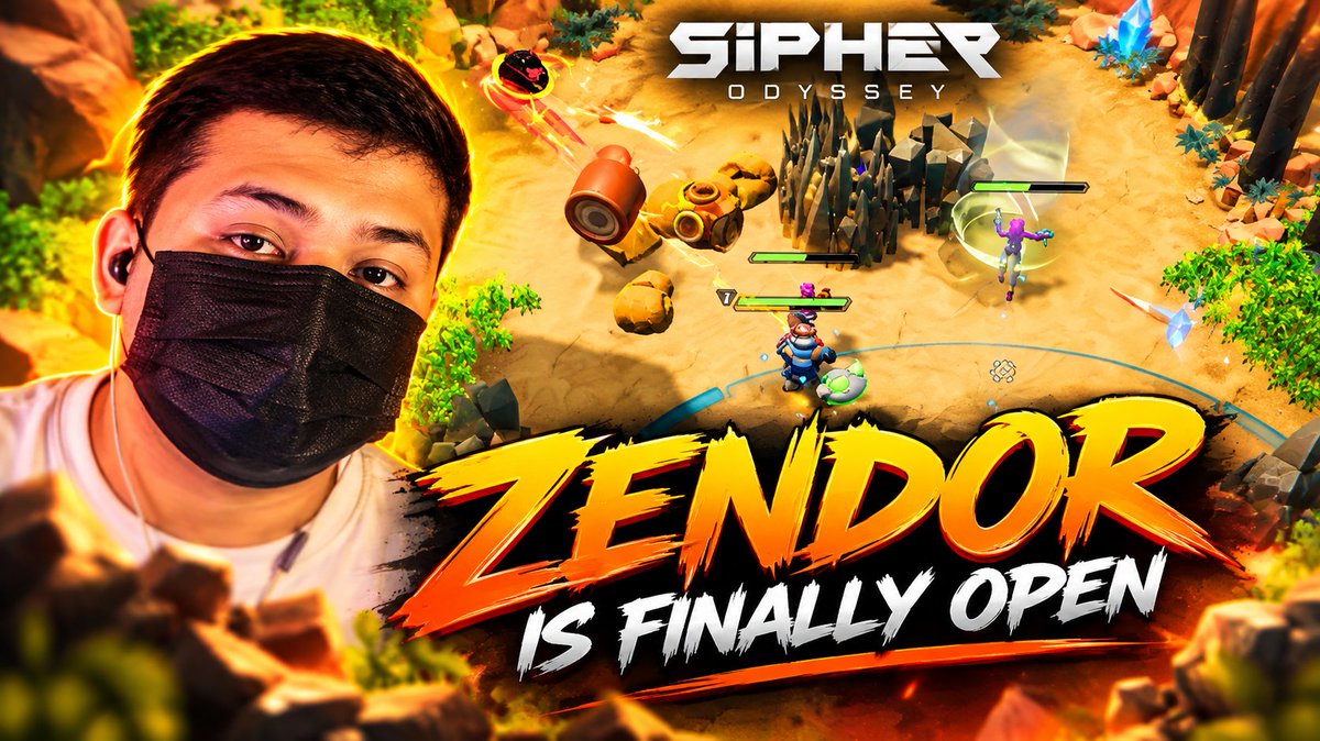 A promotional graphic for the game 'SIPHER ODYSSEY' featuring a man wearing a black face mask, with gameplay footage in the background and bold stylized text 'ZENDOR IS FINALLY OPEN'.