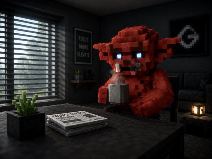 A Minecraft-style 3D render of a red goblin or imp creature with glowing blue eyes sitting at a desk holding a mug, in a dark room with 'FOCUS GRIND ELEVATE' wall art.