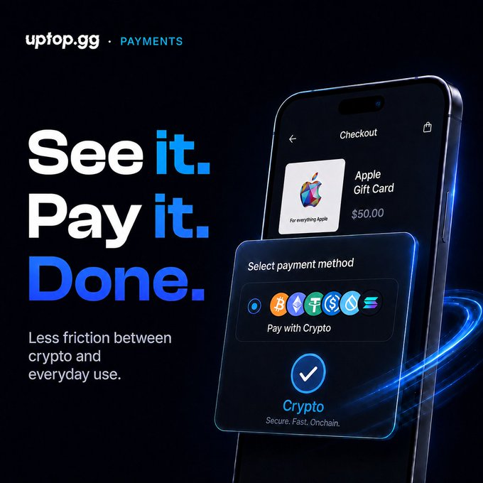 An advertisement for uptop.gg Payments displays the text 'See it. Pay it. Done.' and 'Less friction between crypto and everyday use,' alongside a smartphone showing a $50.00 Apple Gift Card checkout with crypto payment options.