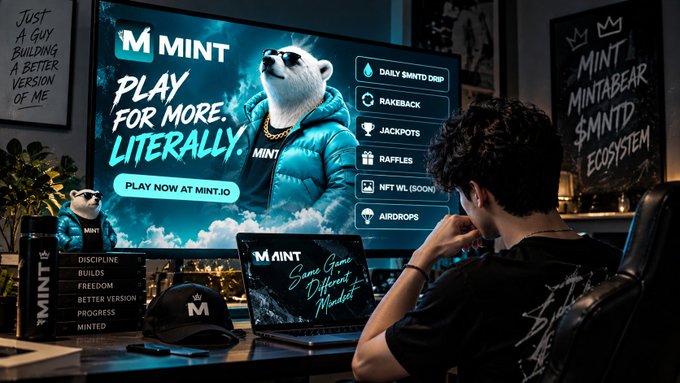 A promotional image for 'MINT' featuring a polar bear mascot in sunglasses, with text reading 'PLAY FOR MORE. LITERALLY.' and 'PLAY NOW AT MINT.IO', alongside features like Daily $MNTD Drip, Rakeback, Jackpots, and Airdrops.
