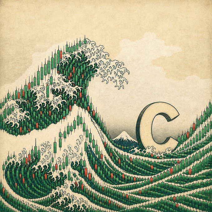 A stylized recreation of Hokusai's "The Great Wave off Kanagawa" reimagines the towering wave and ocean as green and red candlestick charts, with the COIN token logo rising in the background near Mount Fuji, visually tying the cultural meme trading thesis to cryptocurrency markets.