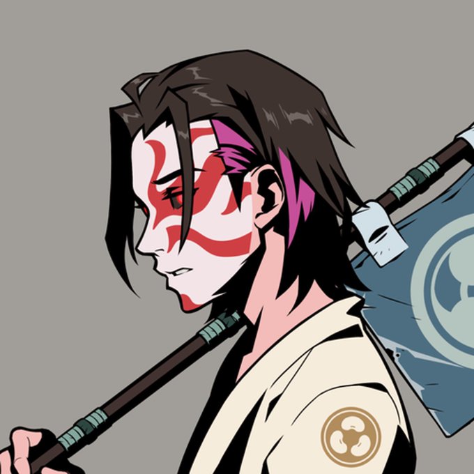 An anime-style illustration depicts a character in profile with red facial markings, pink highlights in dark hair, and traditional Japanese clothing, carrying a flag on a pole over their shoulder.