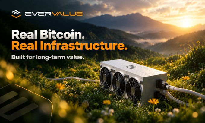 EverValue promotional image featuring a Bitcoin mining device in a mountain meadow with text 'Real Bitcoin. Real Infrastructure. Built for long-term value.'