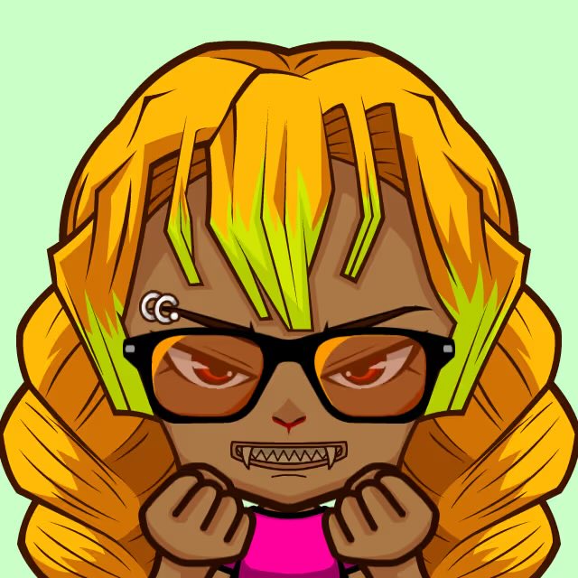 A cartoon chibi-style illustration of a character with dark skin, yellow and green hair, sunglasses, and fangs baring a mischievous expression, with a small 'CC' tattoo on their cheek.