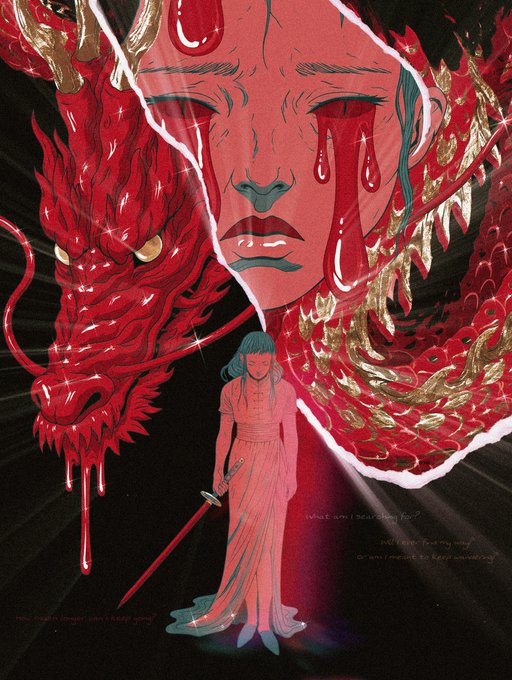 An anime-style illustration of a woman holding a sword, dwarfed by a massive, crying red dragon head looming behind her in dramatic style.