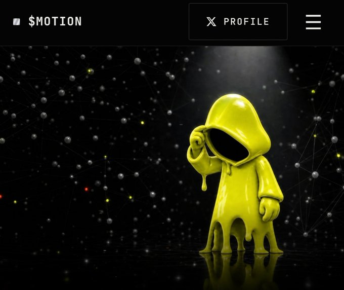 A dark interface header showing "$MOTION" logo with a Profile button and menu icon, featuring a glossy yellow hooded 3D figure in a melting form against a starry black background.